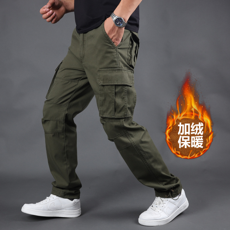 Otoño e Invierno nuevo multi-Bolsillo overoles de los hombres sueltos pantalones casuales rectos de algodón más tamaño cintura elástica pantalones largos resistentes al desgaste