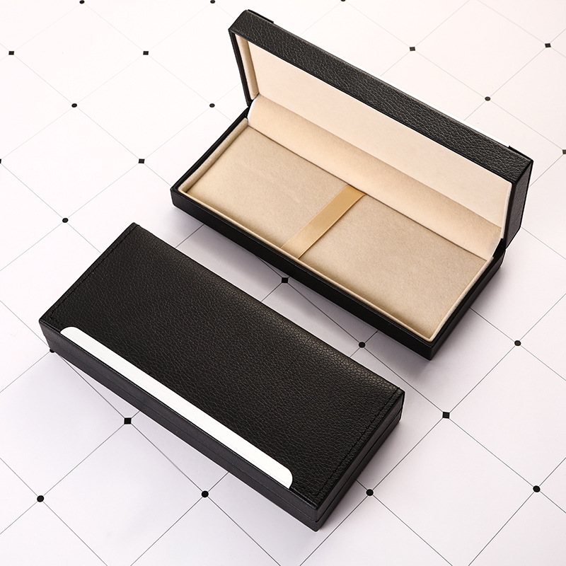 Business Gift Pu Leather Pen Box Creative Black Flip Stationery Box Hot Stamping LOG