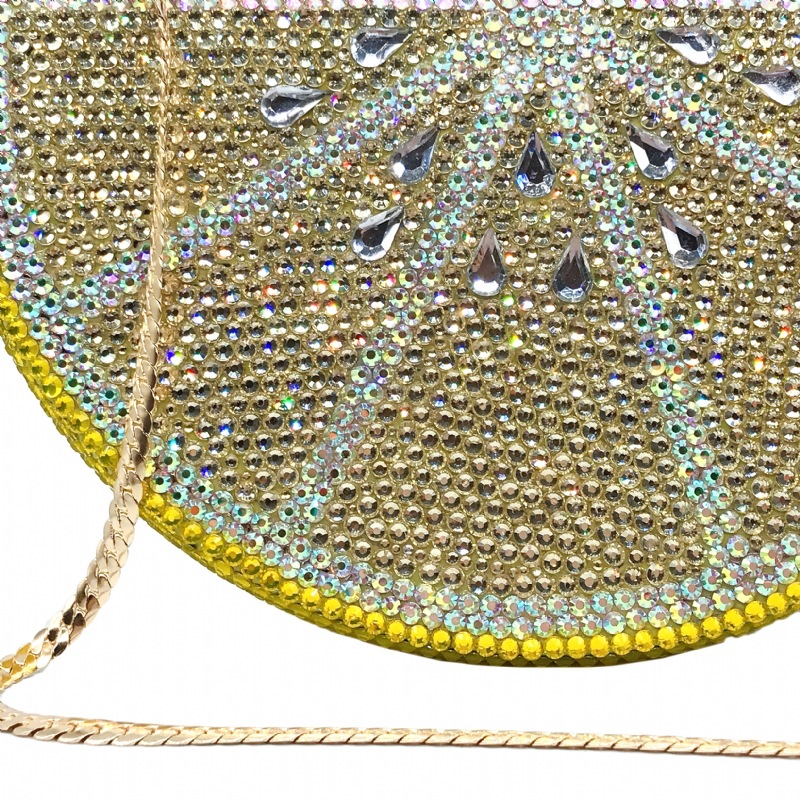 Túi clutch nữ đính đá hình quả chanh, hộp cứng kim cương đáy phẳng, kèm dây xích 48 cm — Màu vàng chi tiết 17