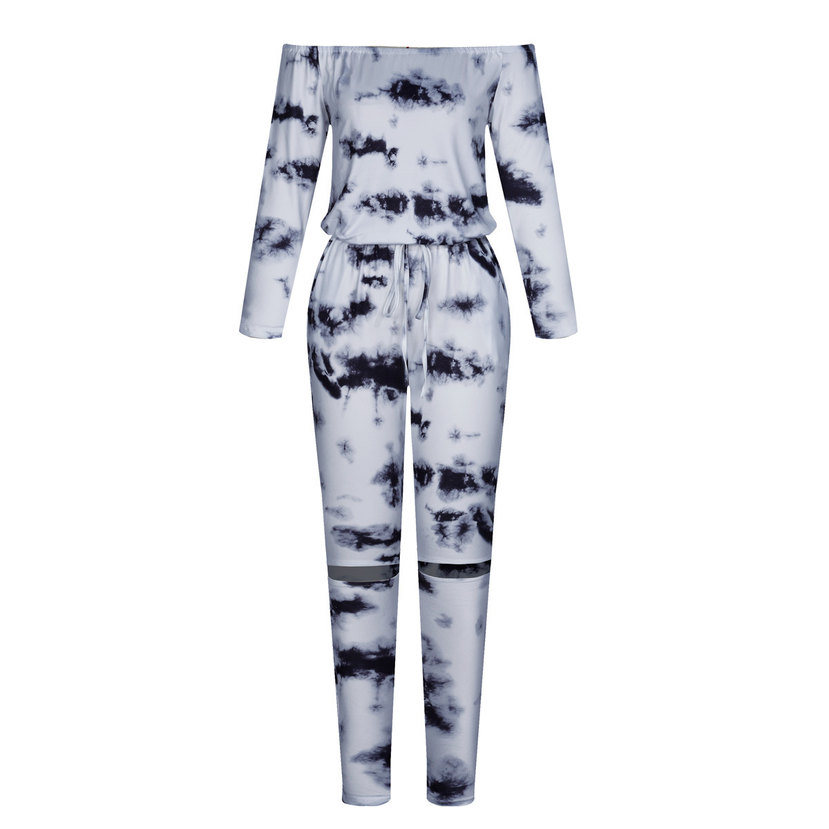 Fall Long Sleeve off Shoulder Lace up Pocket Ripped Tie Dye Jumpsuit