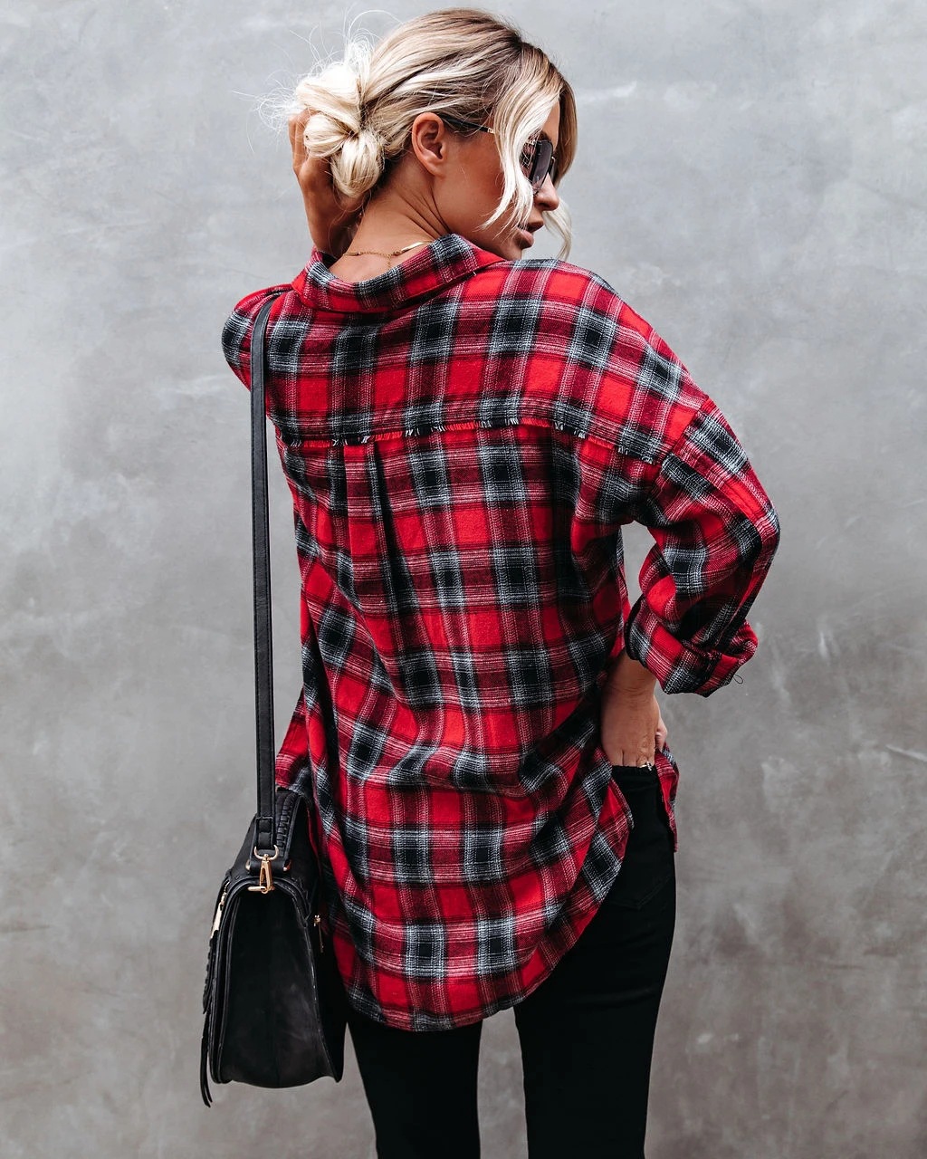 autumn and winter plaid raw edge loose casual shirt  NSYD9385