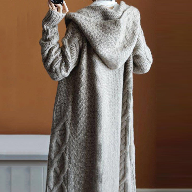 Transfronterizo 2023 estilo europeo y americano Otoño e Invierno de las mujeres con capucha gruesa de punto cardigan suelta más tamaño abrigo largo suéter para las mujeres