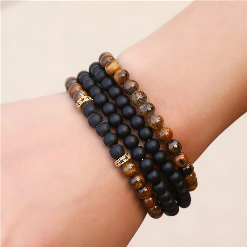 Nihaojewelry 6mm Tiger's Eye Black Frosted Septa Diamond Ring Elastic Four-piece Bracelet Set Men display picture 6