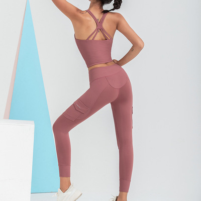 秋冬欧美运动文胸裸感蜜桃提臀瑜伽裤侧口袋跑步紧身瑜伽服套装
