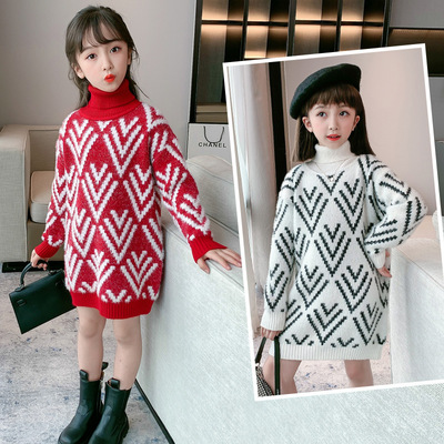 女童秋冬加厚毛衣2020新款中大儿童秋冬高领女孩中长款针织打底衫