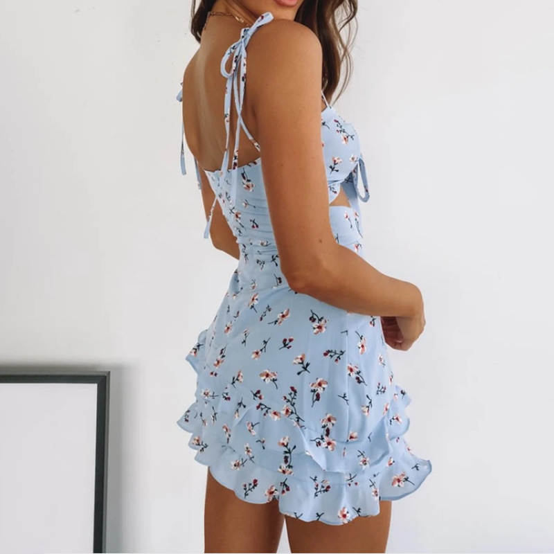 pleated skirt sexy hollow open back floral dress NSAG4704