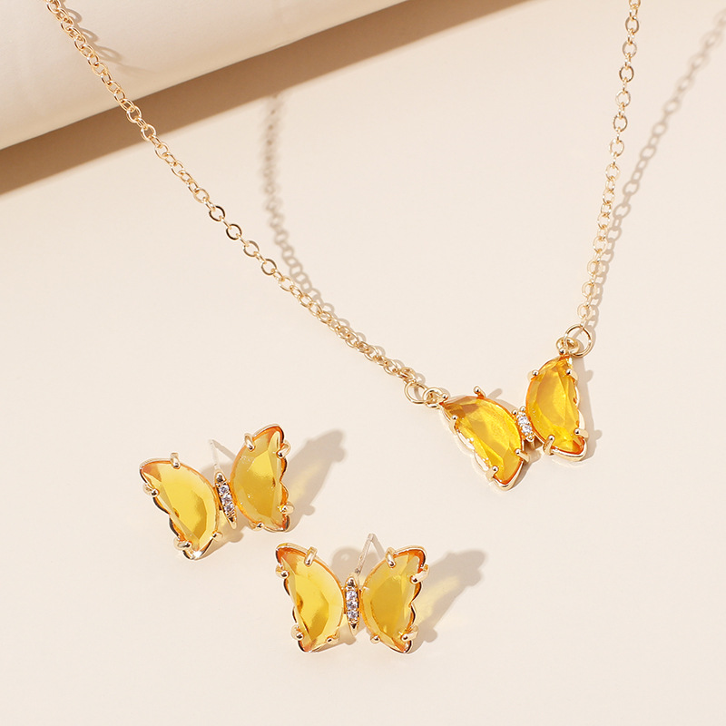 Simple New  Gold Simple Acrylic Diamond Sen Butterfly Pendant Earrings Necklace Clavicle Chain Set display picture 16