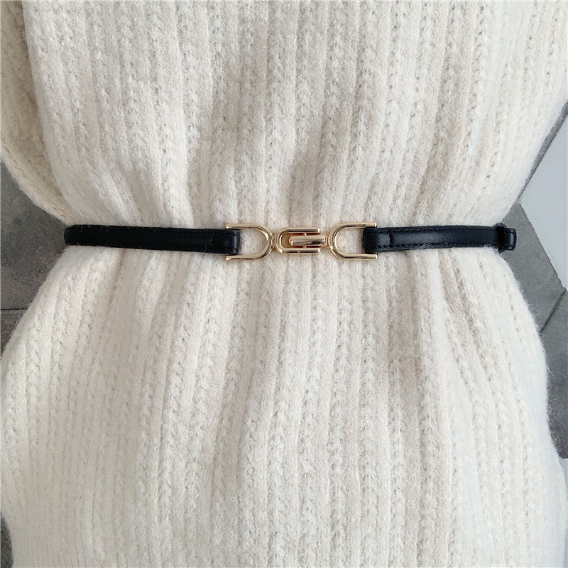 80g Weight Office Occasion Alloy Material Letter Pattern Women'S Gender Basic Style Coffee, White, Red, Camel, Black Color Retro Korean Style Metal Buckle Thin Waist Belt 2