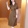 Pure high waist mulberry silk show thin V-neck A-line skirt foreign style silk satin dress