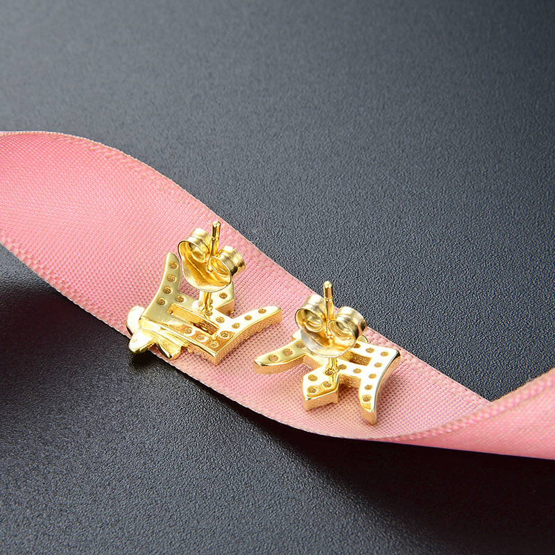 Diamante corona mariposa s925 pendientes de plata chapado en oro elegante noble banquete pendientes femeninos fuente fábrica al por mayor