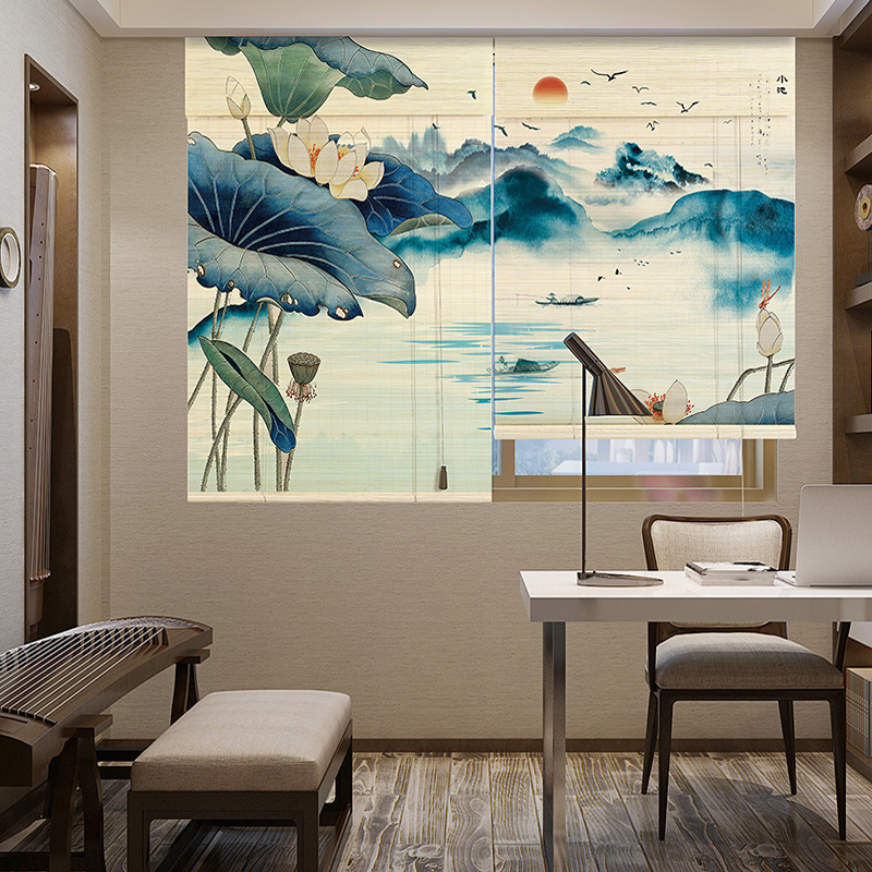 定制印花竹帘山水画升降窗帘家用隔断门帘禅意茶室装饰背景画卷帘|ru