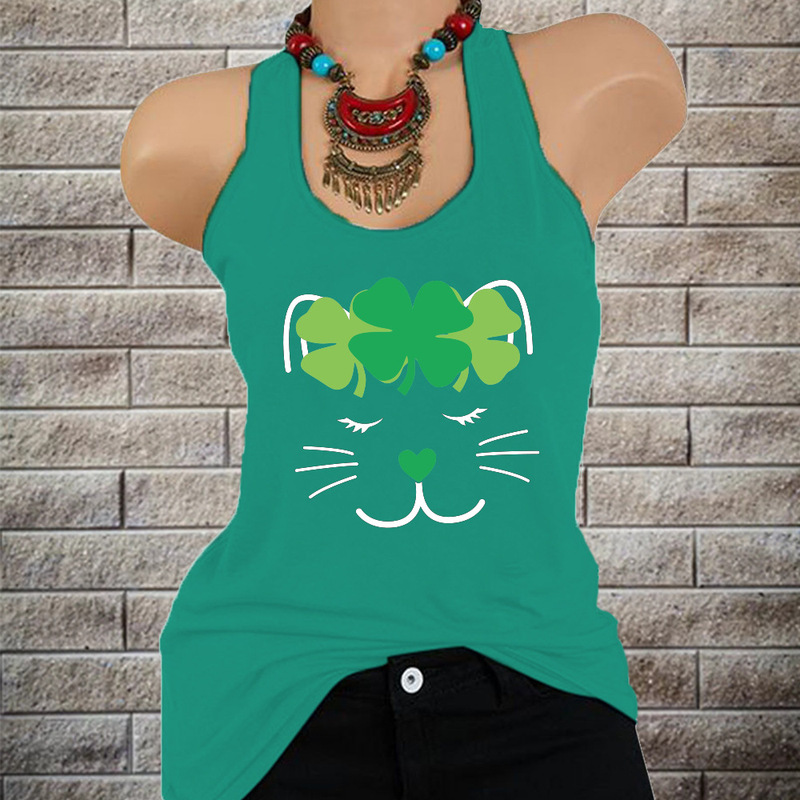 Wish Cross-Border St. Patrick's New Three-Pieces Shamrock Cat Pattern Pullover Loose Vest