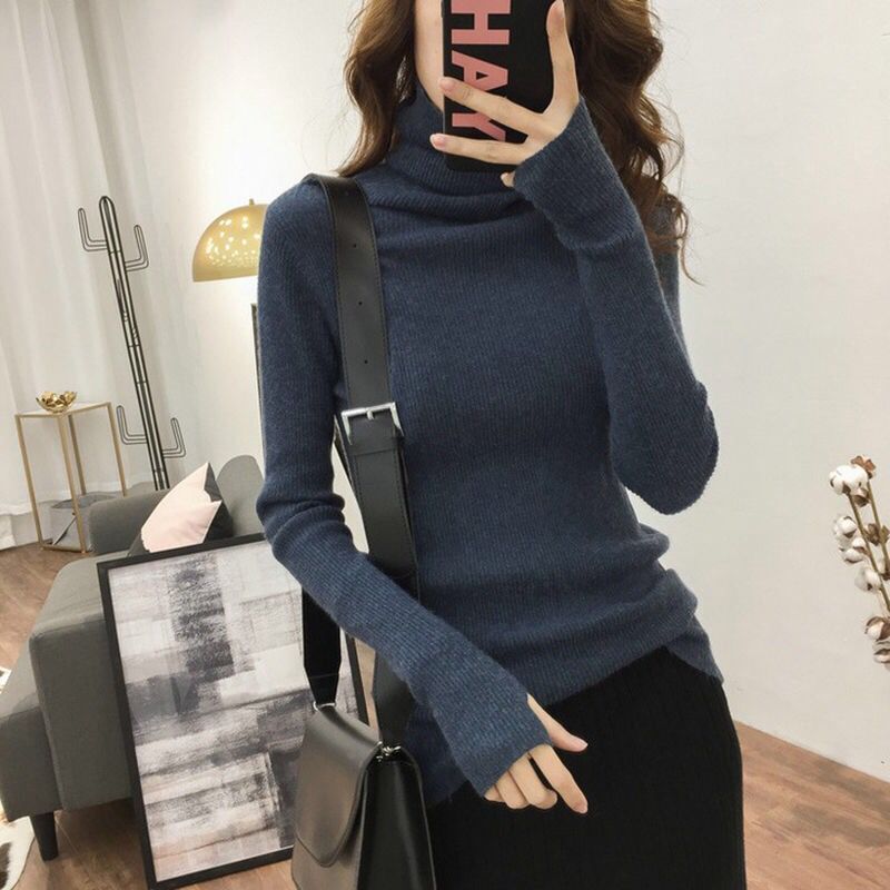 Backing Pile Collar Long Sleeve Thumb Knitwear Sweater Internet Celebrant Explosive Solid Color High Neck Pit Strip Backing Shirt