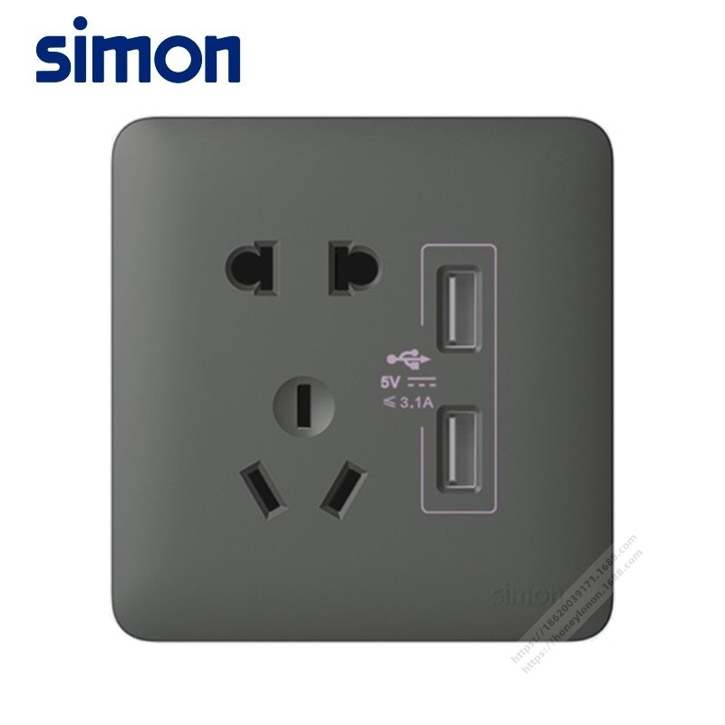 Simon i6 二三插加二位USB电源插座(DC5V3.1A)(荧光灰)76E724-61