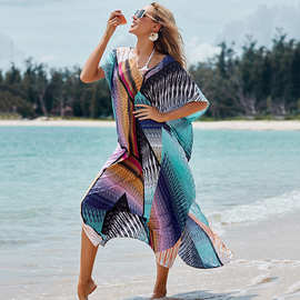 新款多彩花块定位花长袍宽松大码长裙比基尼罩衫防晒衫沙滩度假裙