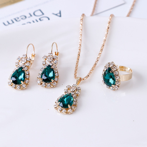 New European and American water drop shiny rhinestone necklace earrings ring set bridal jewelry three-piece set factory direct sale