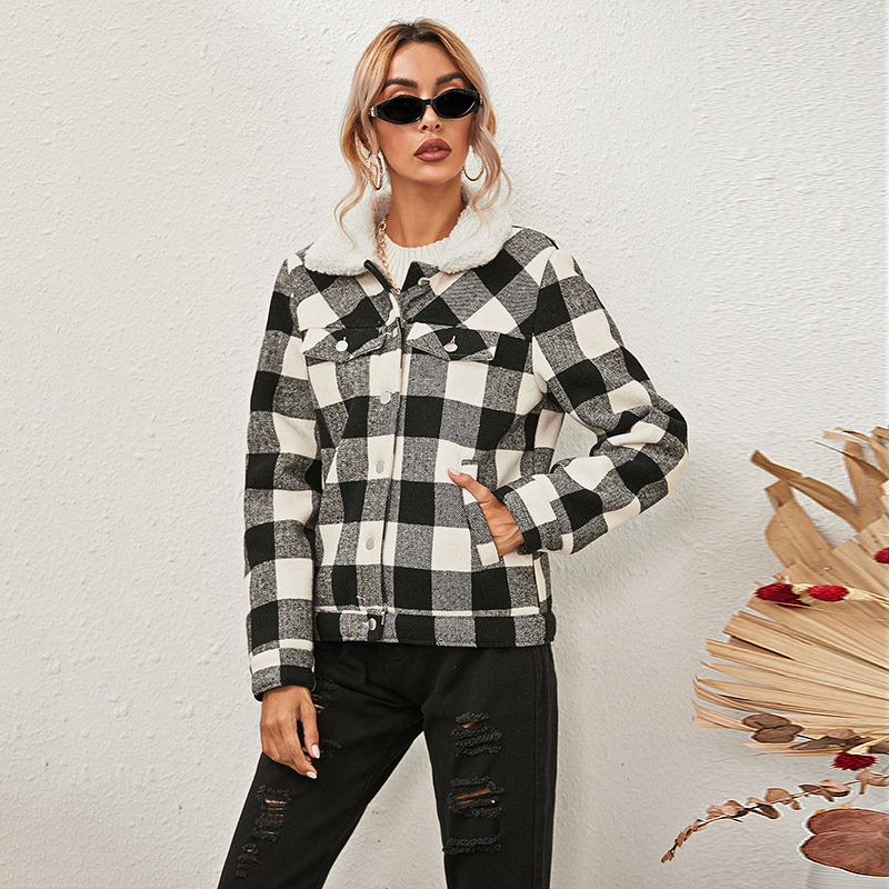 plaid fur collar plus velvet thick cotton jacket NSZH18640