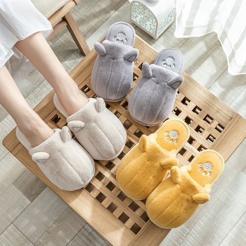 Fabric plush cotton slippers, cute women's winter non-slip couple's home warm home indoor men's confinement cotton shoes