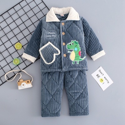 Autumn and winter children three layers thickening Cotton clip pajamas lovely Cartoon suit men and women Flannel Lapel Home Furnishings