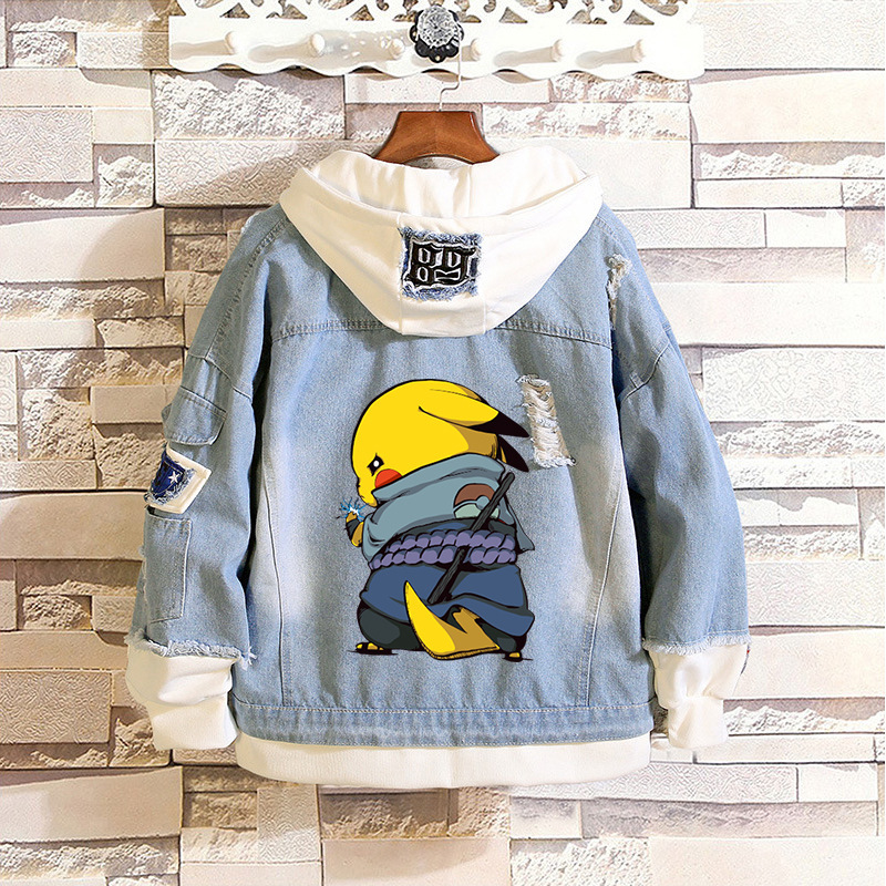 Pokemon Pikachu Men and Women Anime Cartoon Peripheral Student Couple Fake Two-piece Denim Sweater Jacket Autumn