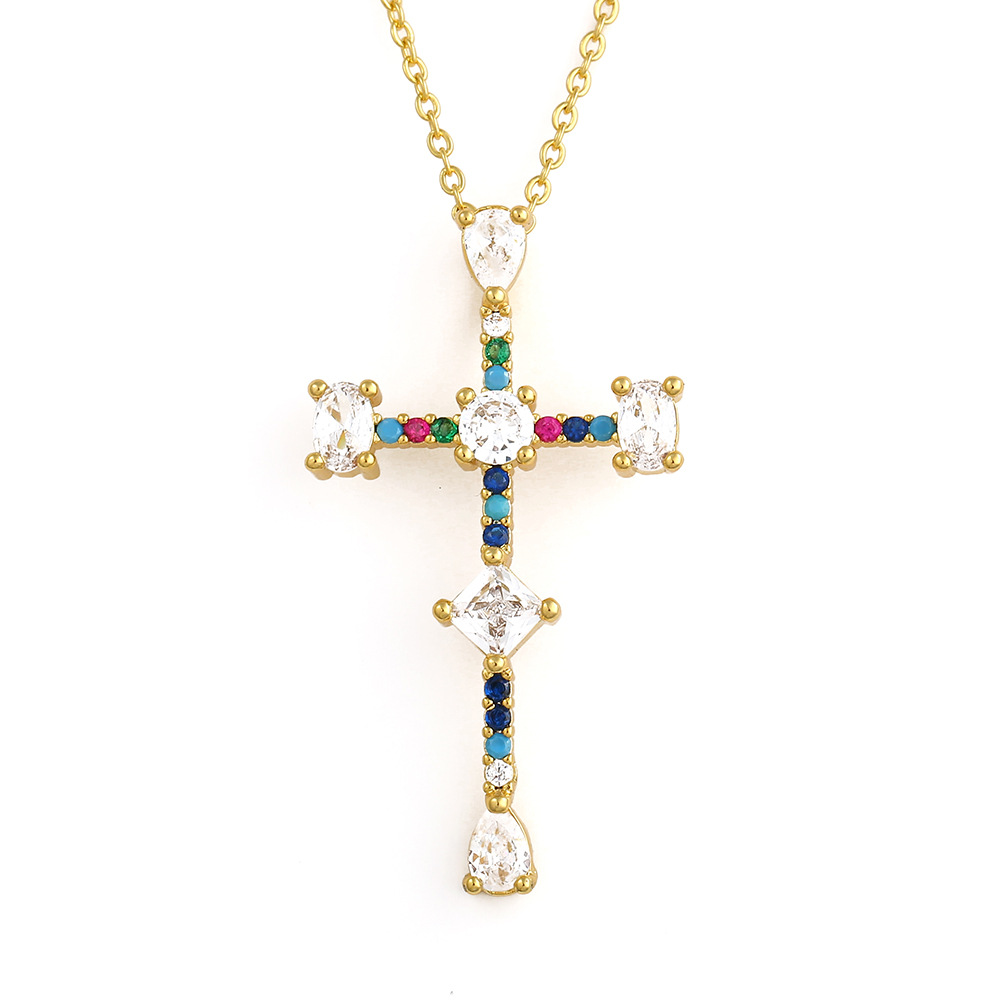 copper micro-inlaid zircon cross necklace