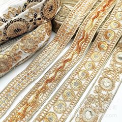 廠家直銷 棉布復古麻骨線刺繡花邊 古銅金亮片繡花織帶 服飾輔料
