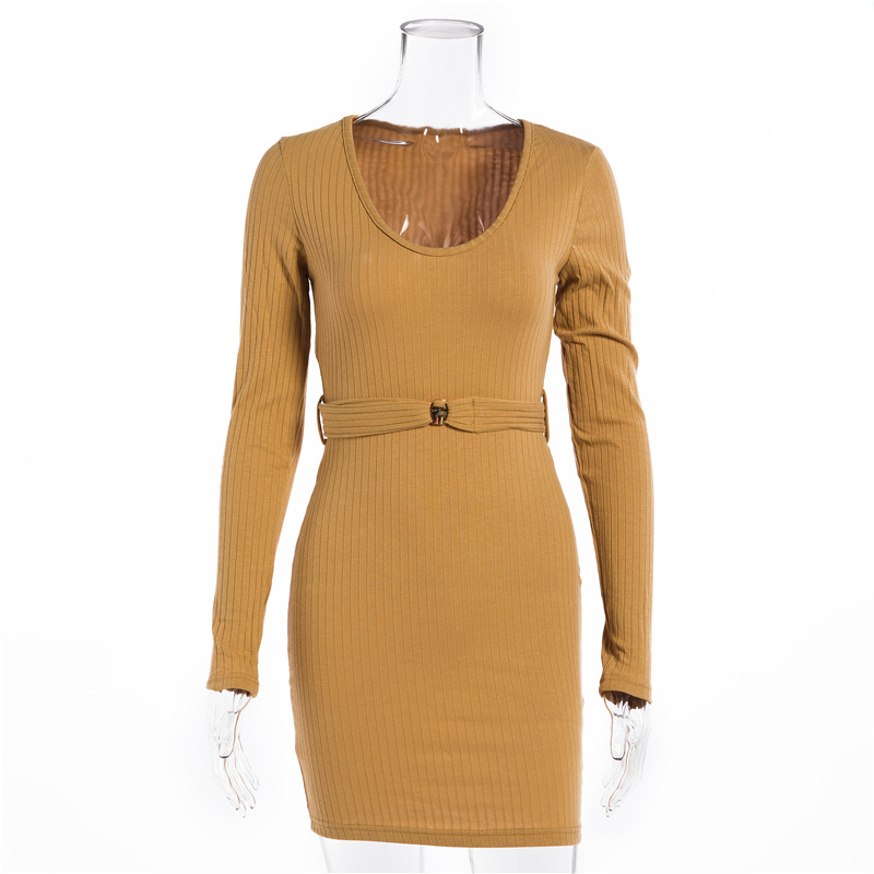 New Fashion Hot Sale Sexy V-neck Knitted Long-sleeved Short Skirt Slim Belt Bag Hip Dress Wholesale display picture 3