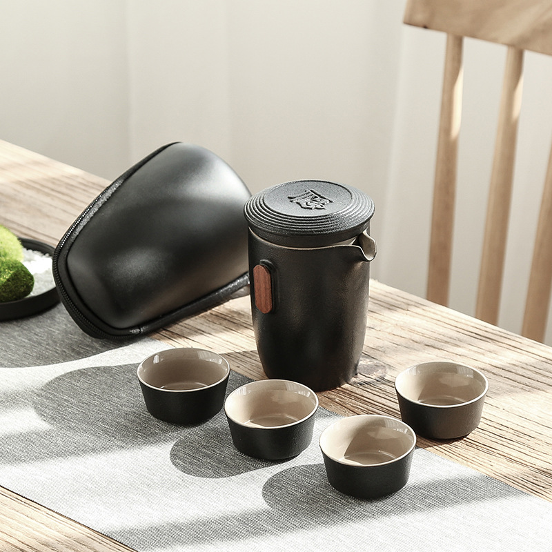 黑陶随身泡茶杯便携收纳皮包车载一壶二杯陶瓷过滤飘逸杯抖音同款|ms