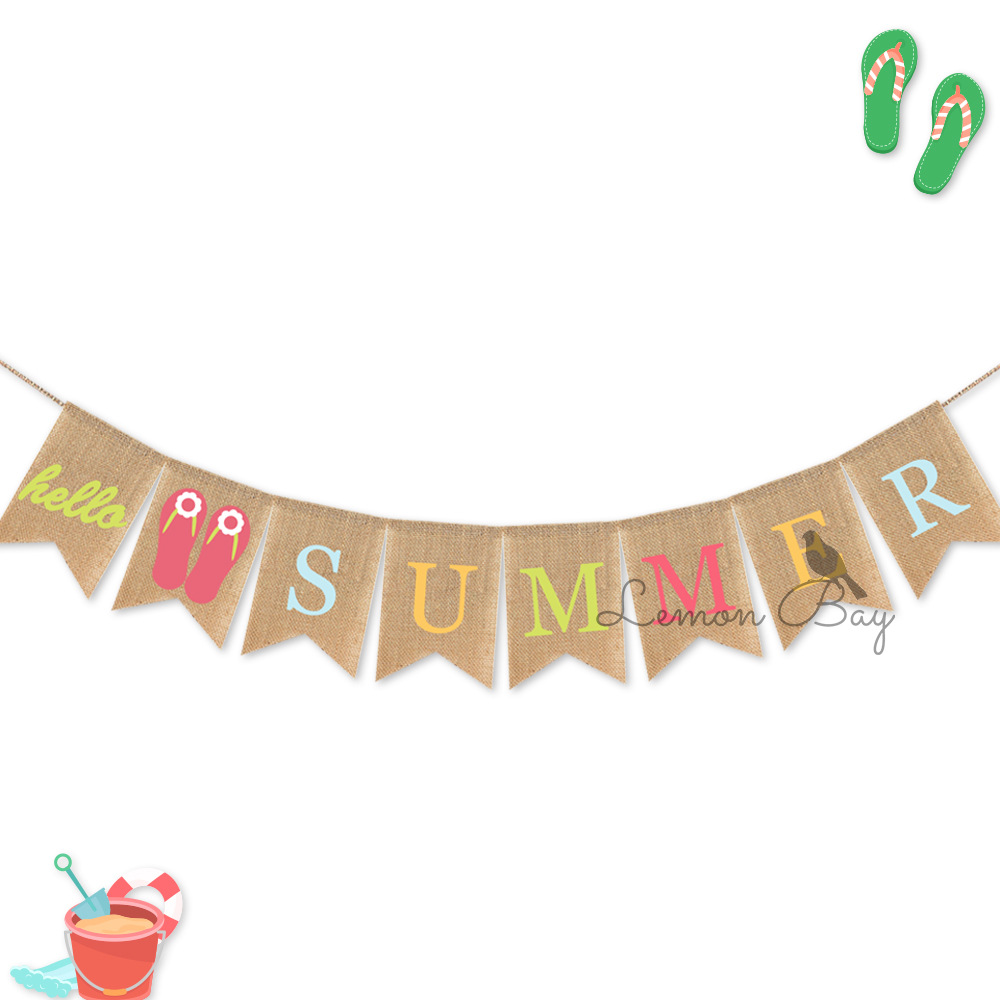 hello summer 夏日沙滩主题派对麻布拉旗 夏威夷派对场景布置装饰