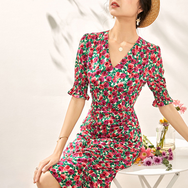 French tea break dress sexy V-neck slim with drawstring print dress