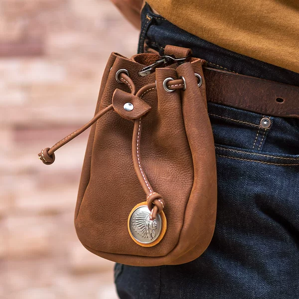 Handmade Vintage Top Layer Cowhide Ami Khaji Financial Buckle Leather Bag Small Waist Bag for Men