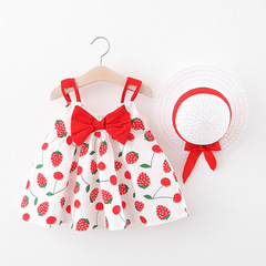 A735 Children's Dress Wholesale, Baby Girl Large Strawberry Print Fresh and Clean Dress with Hat, Children's Dress Dropshipping