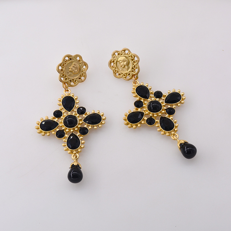 New Fashion Pearl Full Diamond Baroque Cross Palace Exaggerated Earrings display picture 2