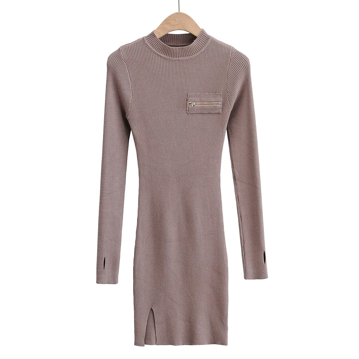 chest zipper side slit knitted dress NSAC17956