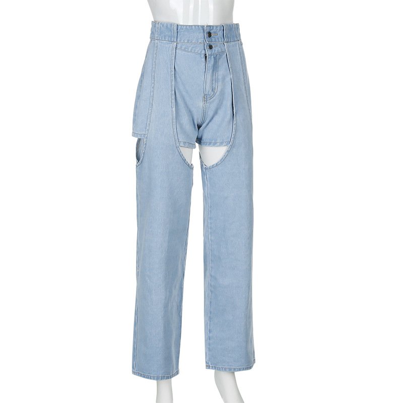 2020 Summer new arrival fashion detachable design high waist hollow jeans for women vintage style Casual pants loose trousers