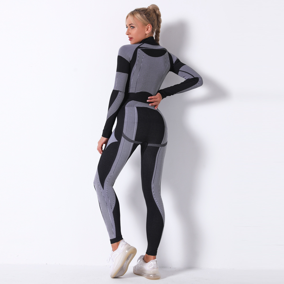 seamless knitted striped long-sleeved two-piece sports yoga suit NSLX9016