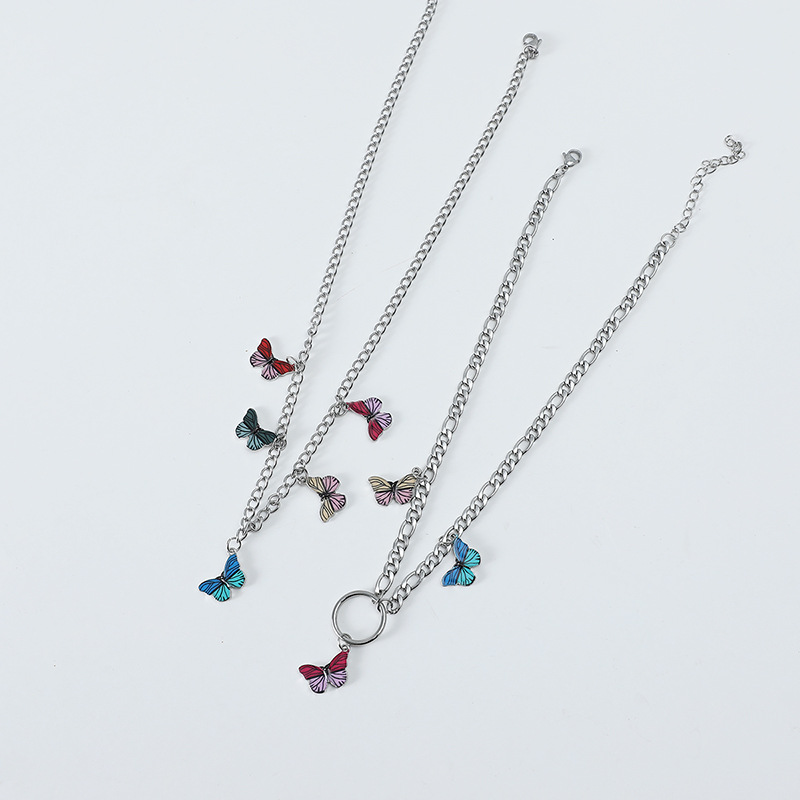 Koreanische Einfache Persönlichkeit Kreative 2-teilige Set Halskette Mode Retro Trend Bemaltes Tropföl Farbe Schmetterlings Halskette display picture 2