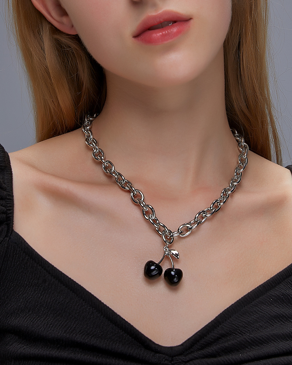 Fashion Black Cherry Exaggerated Thick Chain Word Buckle Necklace Fruit Choker Clavicle Chain display picture 3