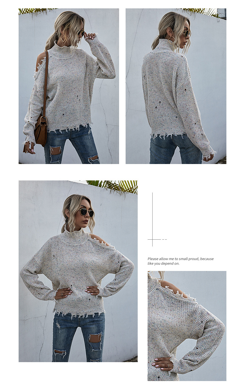 Long-Sleeved Ripped Knitted Turtleneck Sweater NSDMB73674