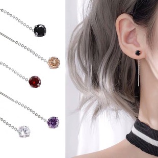 Small Silver s925 Sterling Silver Round Diamond Ear Line Multicolor Four-claw Simple Small Earrings Short Neutral Fashionable Earrings