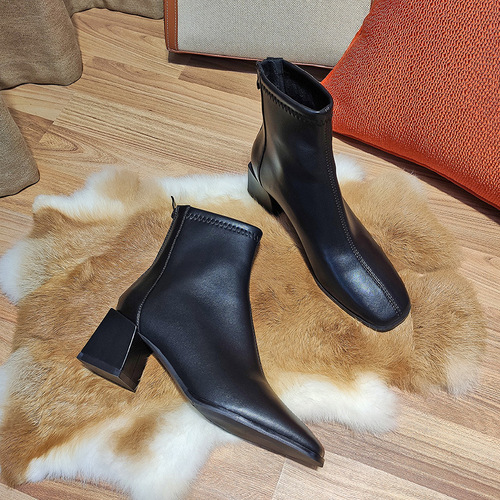 Fuhao Korean style high-heeled short boots for women  new thick-heeled women's leather boots autumn and winter women's shoes fashionable microfiber shoes