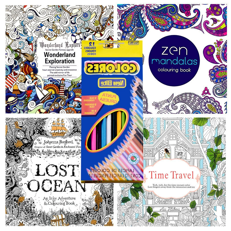 Coloring book set, anti‑stress illustrations, 18.5×18.5 cm, 24 pages, includes 12/24‑color lead options