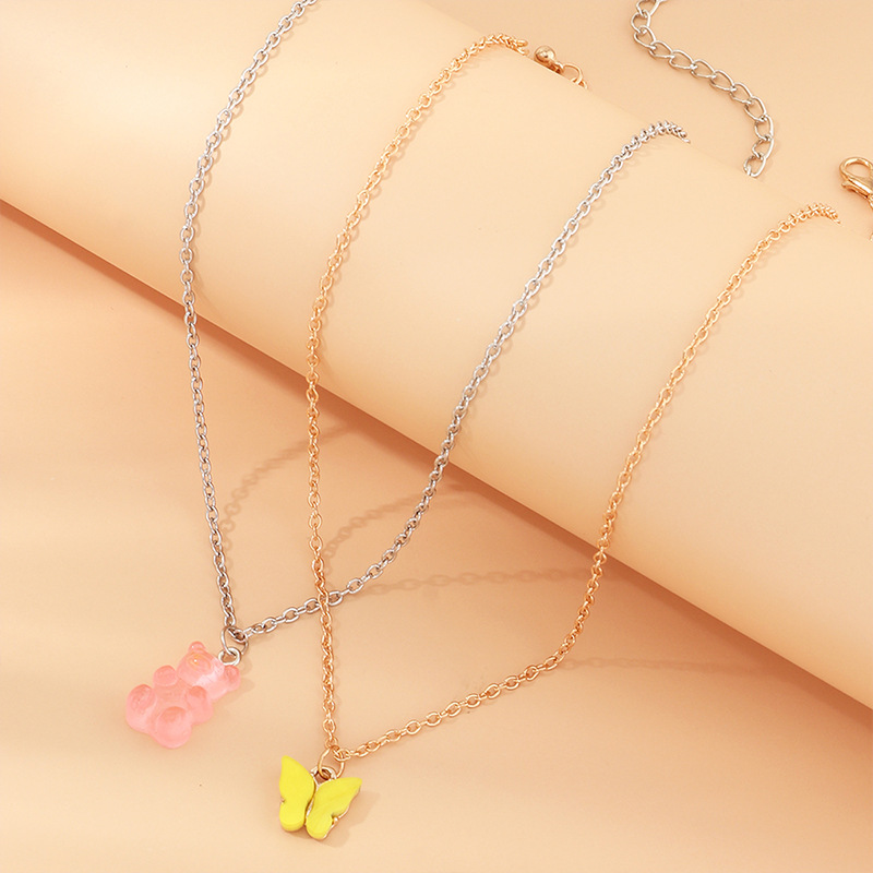 Fashion Jewelry Sweet And Cute Pink Bear Necklace Temperament Tide Butterfly Necklace Set Wholesale Nihaojewelry display picture 3