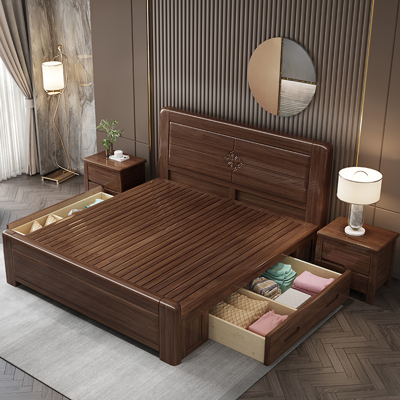 胡桃木实木床1.8米主卧双人床中式1.5米现代简约经济型气压储物床
