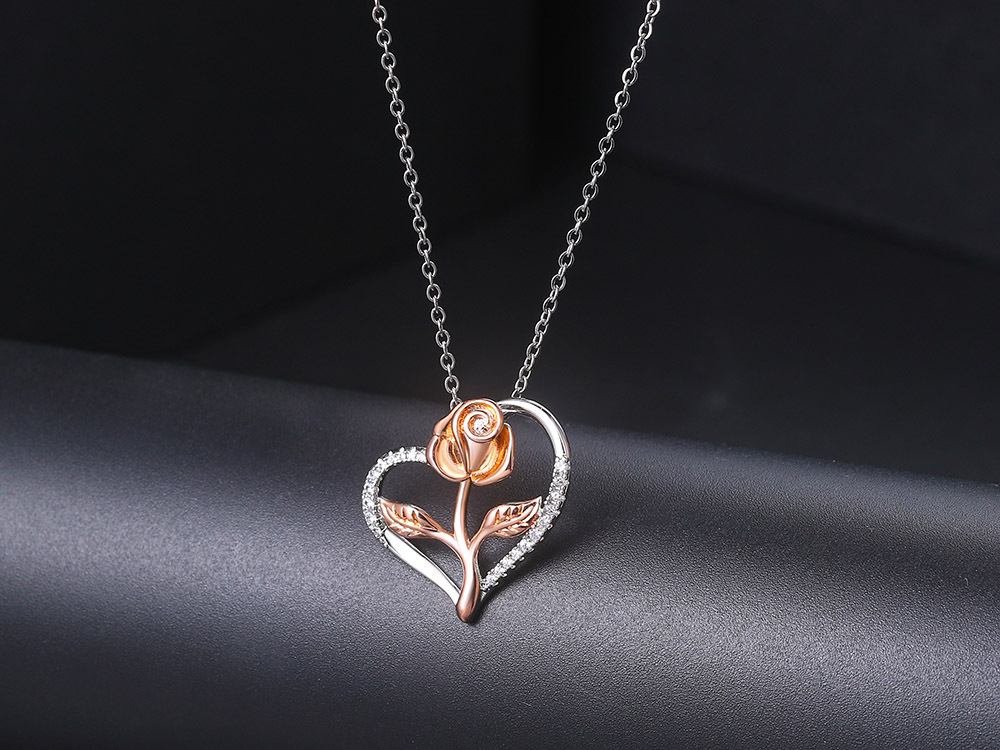 Fashion Heart Shape Rose Copper Inlay Zircon Pendant Necklace 1 Piece