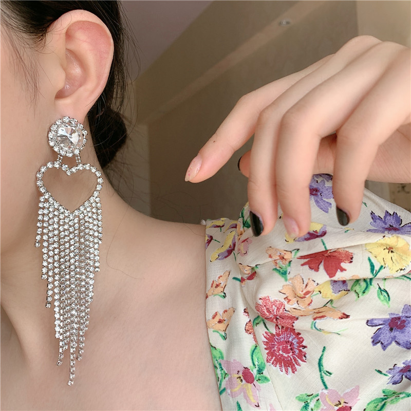 Korea Earrings Diamonds Flashing Diamonds Peach Heart Long Tassel Earrings Women display picture 4