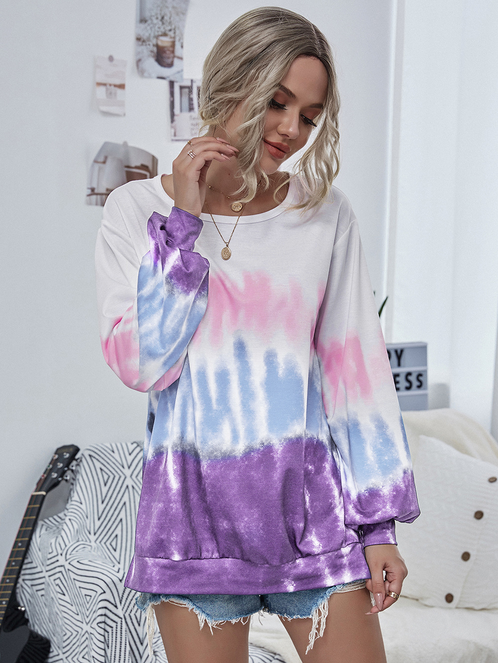   new round neck tie-dye sweater women long-sleeved pullover sports loose top  NSDF1283