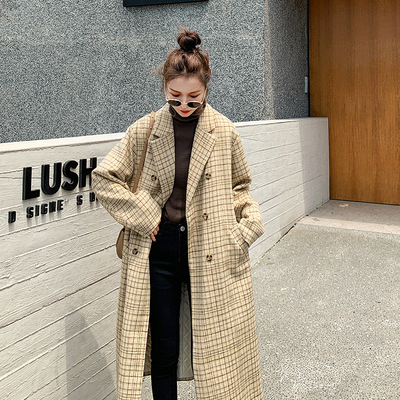 2020秋冬新款女装 韩版宽松过膝长款加厚格子毛呢外套大衣现货