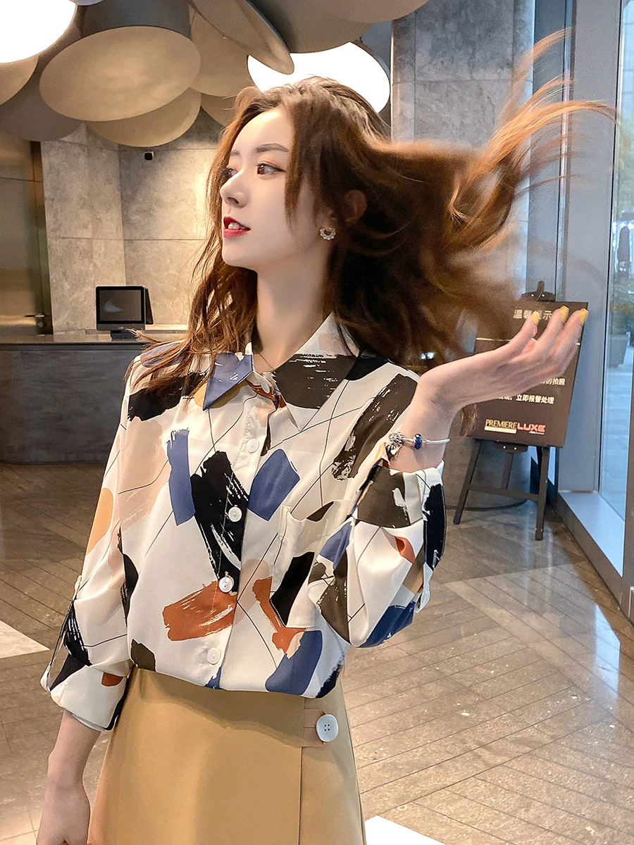 Красочный женский топ в западном стиле ранней весны 2023 года, Новая Модная элегантная шифоновая рубашка с геометрическим рисунком
