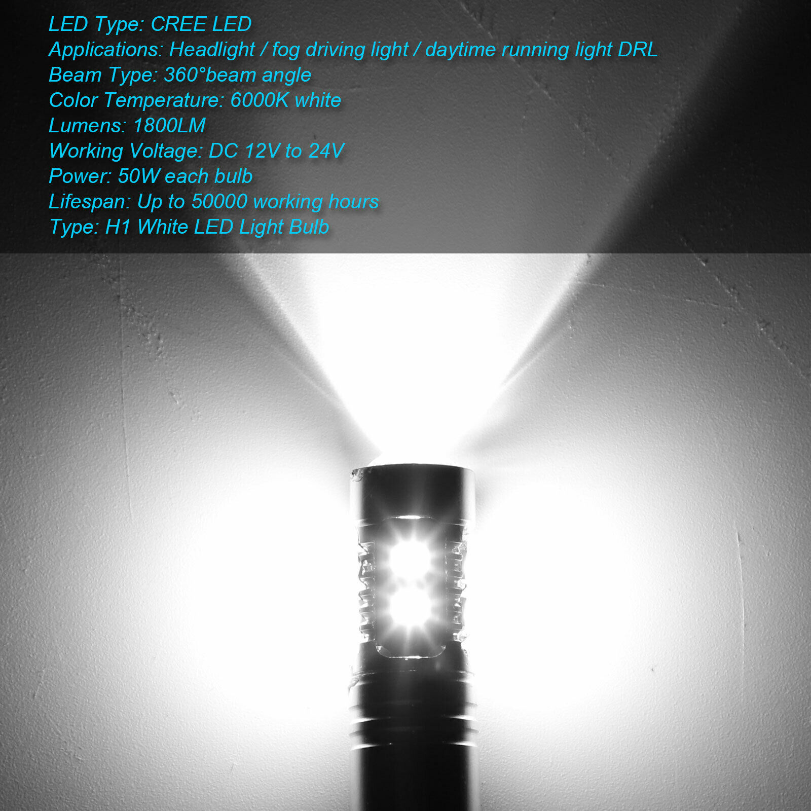 EBAY venta caliente h1 lámpara de faro LED 6000k luz de haz alto y bajo 100w luz de niebla de alto brillo blanco